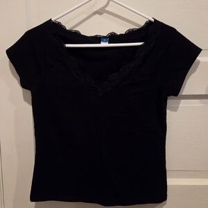 Old Navy Black V-Neck Lace Short Sleeve Tee